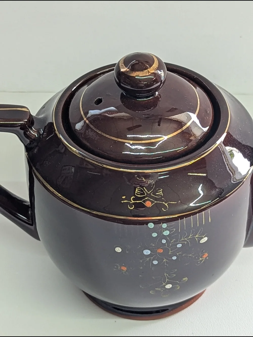 Vintage Hand Painted Brown Ceramic Teapot Floral Gold Cottagecore Tea Pot